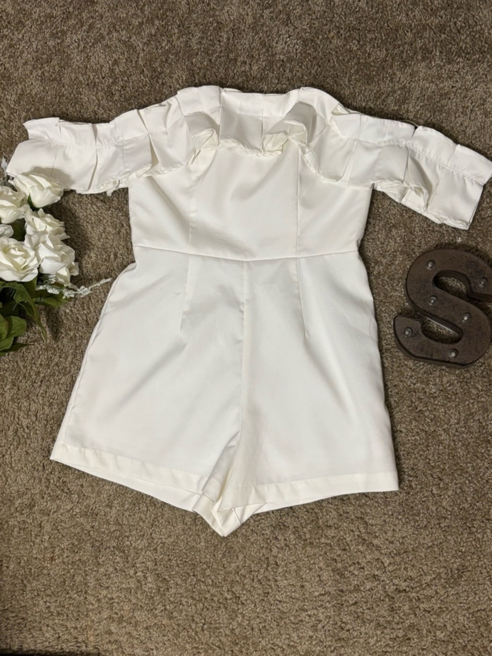 Fashion Nova Girls' White Off-Shoulder Romper with Ruffle Trim